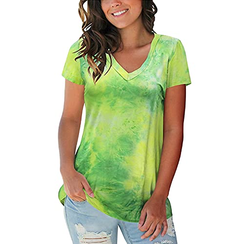 Sommer-Tie-Dye-Kurzarm-T-Shirts FüR Damen LäSsige Bluse Mit Lockerer Passform Sommer-Grundlegende T-Shirts Tunika-Oberteile (XXL,GrüN)