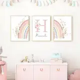 Youihom 3 Bilder für Kinderzimmer Personalisiert Poster Name Baby 30x40 Wandbilder Babyzimmer Mädchen Boho Rose Blumen Wandposter Regenbogen Bilderwand Leinwand ohne Rahmen