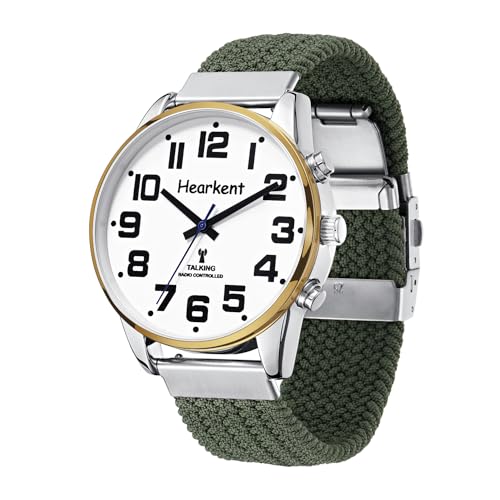 Sprechende Uhr mit Deutscher Stimme und großen Zahlen, Selbsteinstellend für Sehbehinderte,Blinde oder Senioren Armbanduhr, Herrengröße (Nylon Grün)