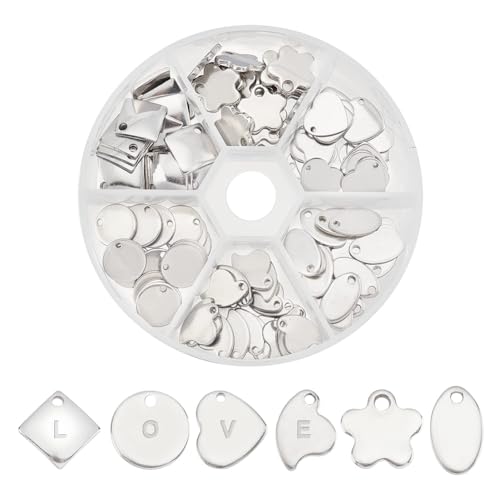 PandaHall 304 Edelstahl Stempel Charms 60pcs Stempel Tag Anhänger Stempeln Blank Tags 6-Stil Stempeln Blank Tags Herz Runde Metall Tag für Armband Halskette Schmuck DIY Handwerk Geschenk Machen