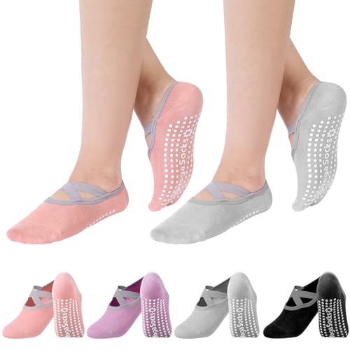 Newofview 4 Paar Yoga Socken,Antirutsch Socken Damen,Pilates Socken mit Kreuzgurten,Rutschfeste Socken für Damen und Herren Pilates,Barre,Ballett,Tanz,Barfuß,Trampolin,Zuhause,Krankenhaus