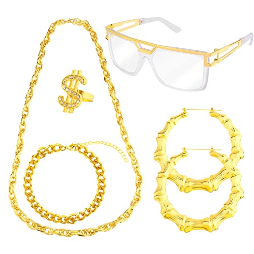 KINBOM 6 Stück Hip Hop Kostüm Set, Rapper Gold Kette Armband Ohrringe Ring und Sonnenbrille 80er 90er Hip Hop Accessoires Partyzubehör