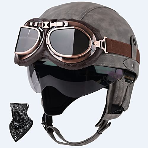 DOT/ECE Genehmigt Leder Halbschalenhelm, Retro Motorrad Halbhelm mit Brille, Schnellverschluss Schnalle, Erwachsene Halbschale Jet-Helm, Scooter-Helm, für Cruiser, Scooter(55~62CM)