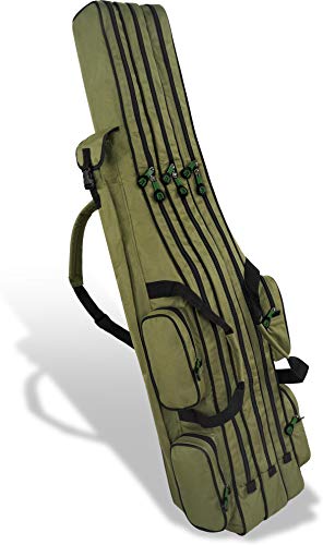 Rutentasche Rod Case Angelkoffer Futteral mit 3 Ruten-Fächern, Verschiedene Längen wählbar - stark wasserabweisender Fishing Rucksack Farbe Olive 2 Innenfächer Größe 170 cm