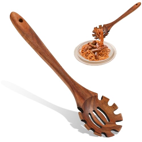 JJUNW Nudellöffel, Spaghettilöffel Holz 30 cm, Spaghettizange Hängbar Spaghettilöffel Nudelzange Nudelkelle Mit Zähnen für Nudeln Spaghetti Kochen Backen Spülmaschinenfest