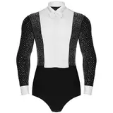 Sywiyi Herren Latein Tanz Oberteil Langarm Tanzhemd Bodysuit Leotard Tanzanzug mit Fliege Erwachsene Standard Dance Kostüm Schwarz XL