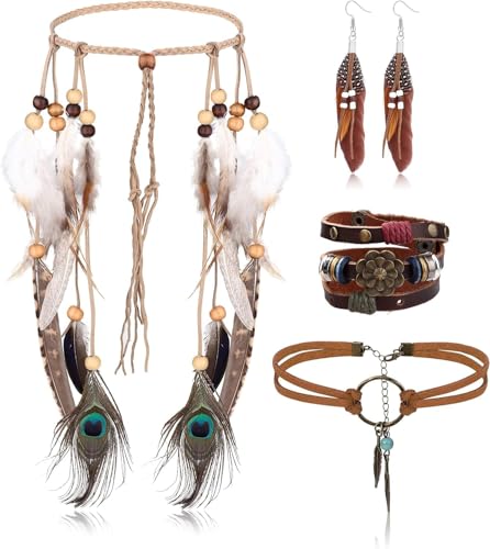 CASSIECA 4Pcs Bohemian Schmuck Set für Damen Boho Feder Dangle Ohrringe Leder Halskette Indianer Feder Stirnband Boho Perlen Armband Cowgirl Indianerschmuck für Damen Festival Zubehör