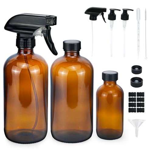 500ml Sprühflasche Glas,Leere Braunglasflasche mit Verstellbare Trigger Sprayer,Platt Deckeln,Seifenspenderpumpe Umweltfreundliche Wiederverwendbar Zerstäubereffekt,für Pflanzen,Garten(500ML, Braun)