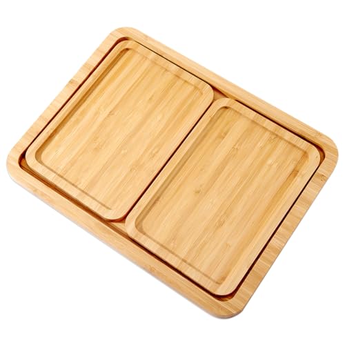 Bambus Tablett Serviertablett,WLWNWFT 1 Großes & 2 Kleine Holztabletts (3er Pack) für Obst, Gemüse, Vorspeise Serviertablett, Lebensmittel, Käsebrett, Brot Charcuterie Boardsoard