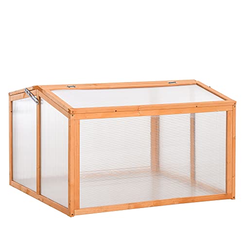 Outsunny Frühbeet Treibhaus Gewächshaus Frühbeetkasten Pflanzenbeet mit Abdeckung aus Holz und Polycarbonat wetterfest Orange 90 x 80 x 58 cm