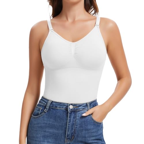 Joyshaper Damen BH Unterhemden Shapewear Bauchweg Unterhemd Figurformende Trägertop Gepolstert Kompression Tank Top Nahtlos Body Shaper,Weiß, L