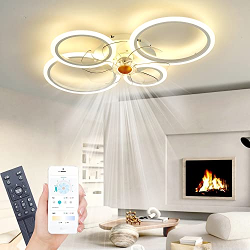 Deckenleuchte mit Ventilator, leise, weiß, Deckenventilator mit Beleuchtung, App und Fernbedienung; 60 W, 6000 lm, dimmbar, LED, für Wohn-, Schlaf- und Esszimmer, 6-Gang, Timer