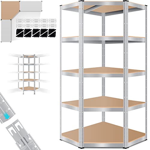 KESSER® Eckregal Lagerregal Schwerlastregal, Kellerregal, 180x75x40cm, bis 875 kg, 5 verstellbare Ablagen, MDF-Platten Regal aus Metall, Steckregal, Werkstattregal, Keller, Garage,Silber