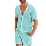 QJDFLL Herren Transparent Schlafanzug Set Mesh Pyjama Kurz Sexy Nachtwäsche Button Down Kurzarm Hemd Oberteil Boxershorts Sommer Sleepwear Freizeitanzug Bequeme Sportanzug Hausanzug(Hellblau,XXL)