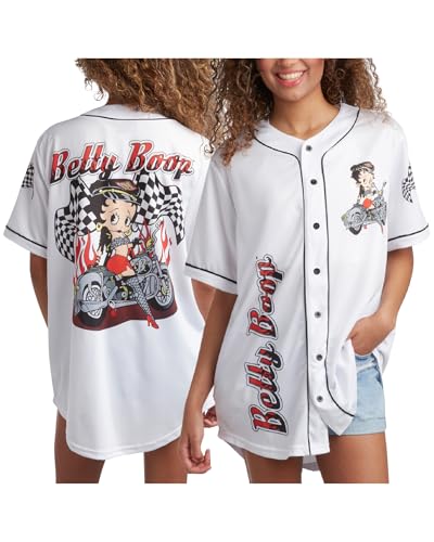 Betty Boop Baseball-Trikot für Damen, Vintage-Stil, Button-Down-Uniform-Top, Retro-Trikot, T-Shirt für Frauen (S-XL), Betty Boop Motorrad, Groß