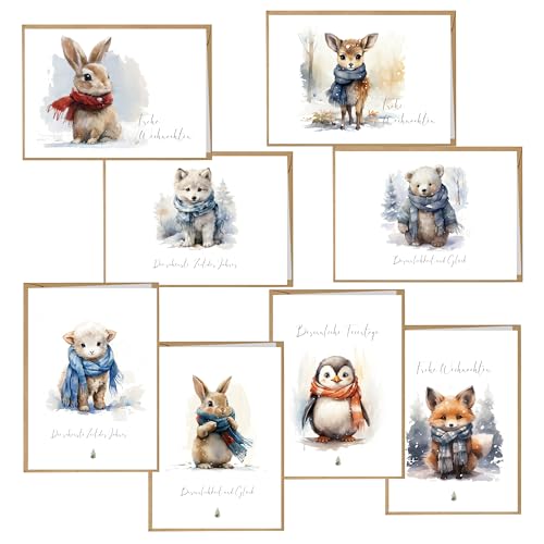 BIROYAL 16 Weihnachtskarten Set Klappkarten mit Umschlägen a6 Karte Karten Umschlag glanz Frohe Weihnachten Merry Christmas xmas Aquarell Waldtiere Reh Fuchs Hase Eule Eichhörnchen Maus