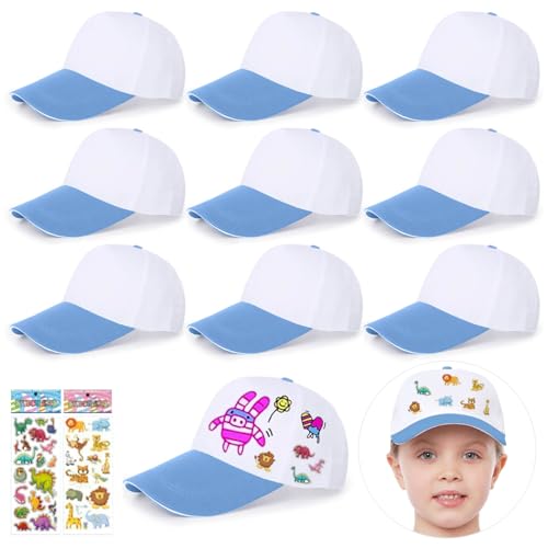 saijer DIY Kappe Kinder, 9 Stück Kinder Kappen Zum Bemalen DIY Baseballcap Kinder Baseballmütze DIY Weiße Baseballkappen Graffiti Kappe Kappe Weiß Kinder Kinder DIY Baseballkappe Mit Aufklebern