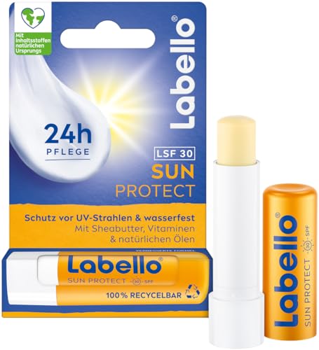 Labello Sun Protect LSF 30, wasserfeste Lippenpflege mit Sonnenschutz, mineralölfreie Lippenpflege mit Sheabutter, Vitaminen & natürlichen Ölen (4,8 g)