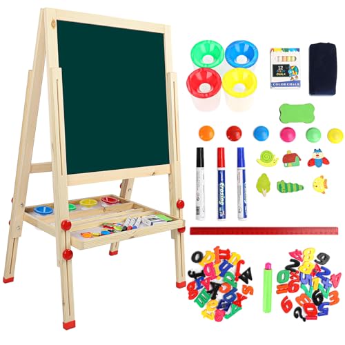 Dripex Kinder Tafel Holz Kindertafel Malerei Holztafel Doppelseitige Kreidetafel und Whiteboard Höhenverstellbar Standtafel mit 24Stk Zubehör (ab 3 Jahre)