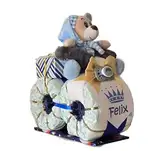 Windeltorte | Windelmotorrad Prinz mit Bär blau | Geschenk zur Geburt | Personalisiertes Windelgeschenk Junge