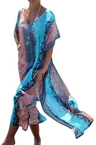 MERCIY Boho Damen Strandponcho Sommer Kleid Überwurf Kaftan Strandkleid Bikini Tunika Cover Up (Blau)