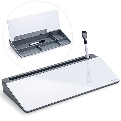 Varhomax Schreibtisch Organizer, Desktop Whiteboard Glas Grau Mit Aufbewahrung Abwischbar, To Do Liste, Notizblock und Tastaturständer für Homeoffice, Büro und Schulbedarf