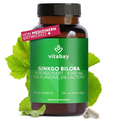 Vitabay Ginkgo Biloba 6000mg Hochdosiert - 180 Ginkgo Kapseln VEGAN - Kapseln mit 24% Flavone & 6% Lactone - Hochdosiert Vegan und Laborgeprüft