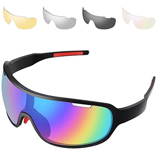 SAWUTPV Fahrradbrille Herren Damen Polarisierte mit Sehstärke TR90 Sportbrille Radfahren Winddicht MTB Sonnenbrille 5 Wechselgläser (BLACK)