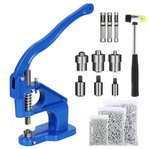 Top-spring Ösenpresse mit 3 Stanzformen (6/10/12 mm) und 1500 Ösen für Druckknöpfe - Handpresse Ösenmaschine Ösenzange Set für Stoffe Leder, Planen und Platte - mit Ösen und Hammermatrizen, Blau