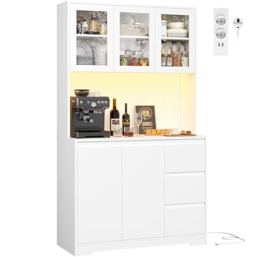 FirFurd Küchenschrank Buffetschrank mit LED Sideboard für Küche mit Steckdosenleiste Küchenschrank mit Arbeitsplatte und 3 Schubladen Küchenbuffet mit Verstellbares Regal 180x100x38.5 cm weiß