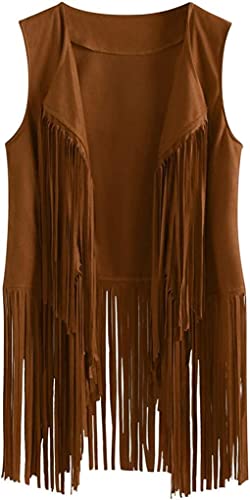 MIMIKRY Fransen Weste in Wildleder-Optik Cowgirl Hippie Indianerin Boho Festival 60er Jahre Western, Größe:L, Farbe:Braun