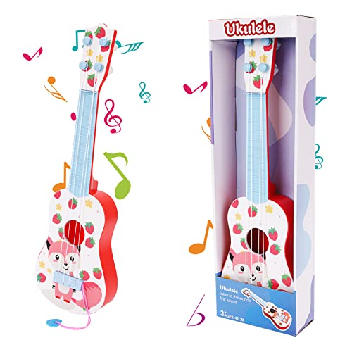 Gitarre für Kinder, 41cm Mini Gitarre Ukulele Musikspielzeug mit 4 Stimmbare Saiten, Gitarre Instrumente Spielzeug Musik Lernspielzeug Für Kleinkinder Anfänger Jungen Mädchen Geschenk (Rosa Fuchs)