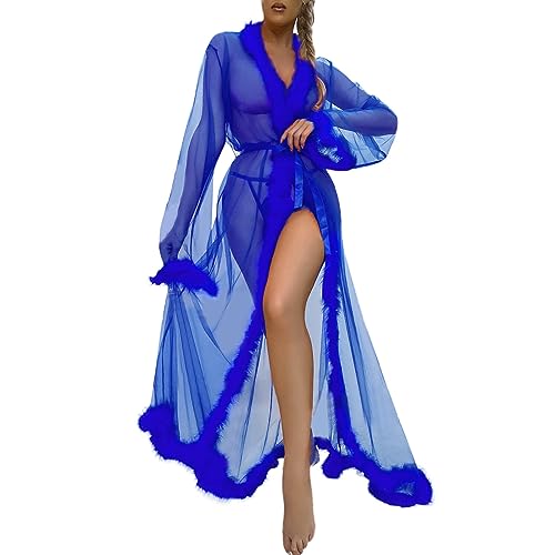 Herren-Korsett, Dessous, Robe, lang, Dessous, Nachthemd, Bademantel, Nachtwäsche, Feder, Brautmantel, Spitze, Dessous, sexy Dessous, offener Schritt, blau, L