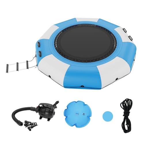 VEVOR Aufblasbarer Wassertrampolin mit Leiter, wasserdichte, Abriebfeste, Wassertrampoline 3,05 m Großen Sprungfläche, Sprungplattform-Wasserpark Pool Trampolin, Blau + Weiß 185 kg Tragfähigkeit