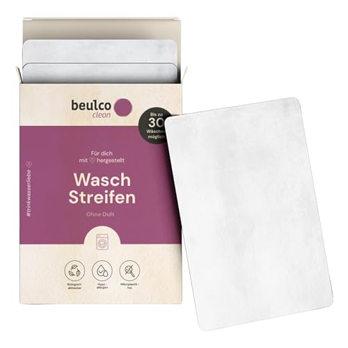 BEULCO CLEAN - 30 x Bio Waschstreifen Ohne Duft für Waschmaschine & Handwäsche (30 WL) - Waschmittel-Blätter ökologisch für Bunt, Schwarz & Weiße Wäsche - Waschmittel-Streifen biologisch abbaubar