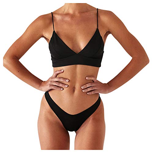 Generisch Damen Bikini Set Neckholder Rüschen Gesmokter Bikini Bademode Abnehmbare Träger Blumenmuster Zweiteiliger Badeanzug Swimsuit String Bikini Damen Sexy Bandeau Bikini Damen