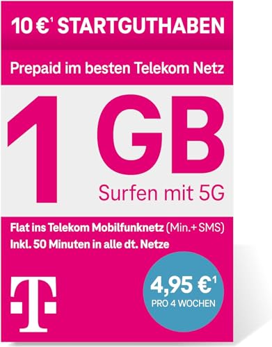 Telekom MagentaMobil Prepaid S SIM-Karte ohne Vertragsbindung, 5G inkl. I 1 GB & Flat ins Telekom Mobilfunknetz, 50 Freiminuten in alle anderen dt. Netze I Surfen mit 5G/ LTE Max, 10 EUR Startguthaben