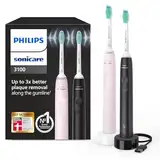 Philips Sonicare 3100 elektrische Zahnbürste, Schallzahnbürste, Andruckkontrolle und Timer, Sugar Rose und Schwarz, Zweierpack, Modell HX3675/15