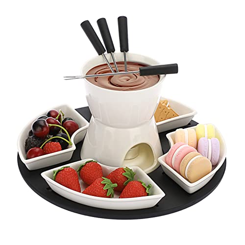 SUMNACON Keramike Schokofondue-Topf-Set mit Holzpalette 4 Gabeln 4 Tellern Schoko Fondueset Käsefondue für Schokolade Käse Fondue Familienessen Nachtisch Picknicks Geburtstagsfeiern Urlaubsfeiern