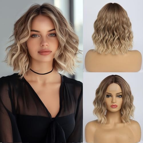 Simkaylee Perücke Damen Blond Ombre Kurze Wellig Blonde Perrücke mit Dunklem Ansatz Locken Bob für Frauen Schulterlang Mittelscheitel Perücken für Täglichen Gebrauch Short Wavy Ombre Blonde Wig (36cm)