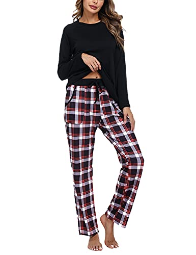 Uniexcosm Schlafanzug Damen Baumwolle Pyjama Set Lang Zweiteiliger Nachtwäsche Raglanärmel Sleepwear und Karierte Pyjamahose Hausanzug Freizeitanzug Stil 1:Schwarz M