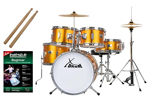 XDrum Junior Pro Kinder Schlagzeug Sunset Gold Sparkle - geeignet von 5-9 Jahren - Drumset mit komplettem Zubehör - inkl. Schule - Orange