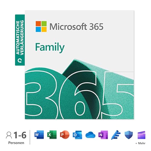 Microsoft 365 Family | 12+3 Monate mit automatischer Verlängerung, bis zu 6 Nutzer | Word, Excel, PowerPoint | 1TB OneDrive Cloudspeicher | PCs/Macs & mobile Geräte | Aktivierungscode per E-Mail