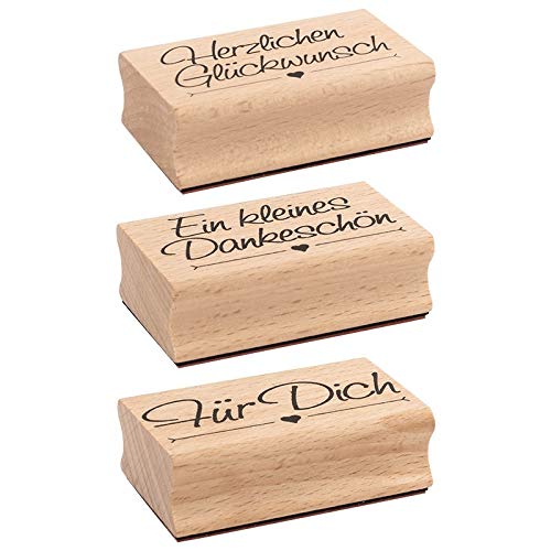 Ideen mit Herz Stempel-Set | 3 Holzstempel mit Sprüchen | je 6,5cm x 4cm x 2,2cm | ideal für Hochzeit, Glückwünsche, Einladungen (Herzlichen Glückwunsch | Ein kleines Dankeschön | Für Dich)