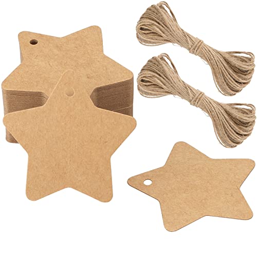 G2PLUS Geschenkanhänger Weihnachten Stern, 100 Stk Etiketten Stern für weihnachten, Braun Anhänger Stern Weihnachten, 6CM Sternen Anhaenger Papier zum Adventskalender und Weihnachtsgeschenke