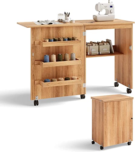 COSTWAY 2 in 1 Nähschrank & Schreibtisch klappbar, Nähtisch aus Holz mit 3 Einlegeböden für Spulen & feststellbare Rollen, Nähmaschinenschrank für Wohnzimmer, Schlafzimmer & Büro, Natur