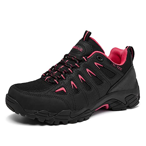 SHULOOK Wanderschuhe Damen Wasserdicht Leicht Trekkingschuhe Damen rutschfeste Stiefeletten Bergschuhe Outdoor Schuhe Damen Sneaker für Camping,Hiking,Angeln (Schwarz Rot EU 40)