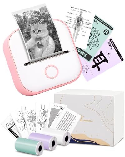 Memoking Mini Aufkleberdrucker – T02 Kleiner Thermodrucke, Tragbarer Kabelloser Notizdrucker mit 3 Rollen Papier für Kindertag, Geburtstag, Kompatibel mit iOS & Android, Pink