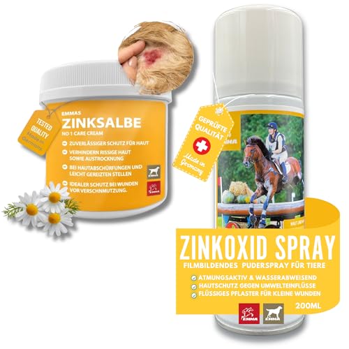 Zinksalbe + Zinkspray I Erste Hilfe Set Hund Pferd I Wundspray Salbe Wundschutz für Tiere I Zinkoxid Spray Wundheilung Wundsalbe I Pfotenpflege für Hunde I Sprühpflaster & Zink Creme Pferde 2 x250ml