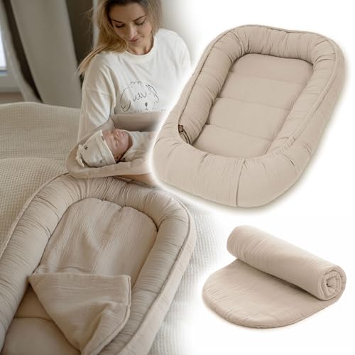 PALULLI® Baby Nestchen 100x60cm – Weiches Musselin-Babynest mit Matratze | Schlafnest, Kokon, Reisebett für Neugeborene | 100% Baumwolle (Beige)